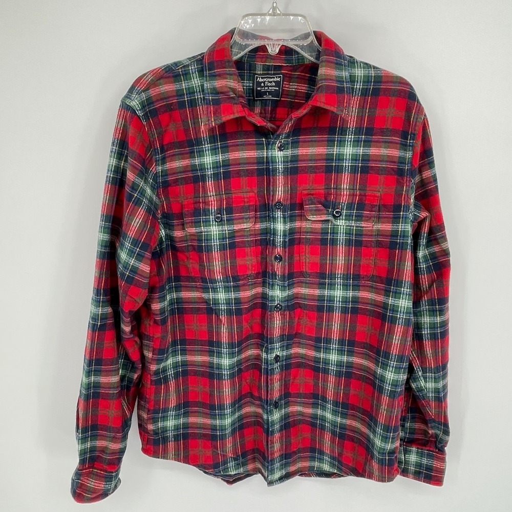Abercrombie & Fitch Men's Red Plaid Cotton Flannel Button Up Shirt Size L
